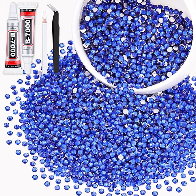 5000PCS SS10/2.8mm Crystal Rhinestones (Blue/Sapphire) with 2Pcs 10ml B7000 Jewelry Glue, Bedazzling Flatback Glass Rhinestones for Crafting, Gems Diomand Charms for Tumbler Shoes Clothing Nail Art