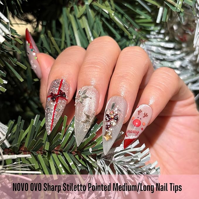 NOVO OVO Sharp Stiletto Pointed Medium Long Nail Tips Press on, Extra Thick Soft Gel Double Matte Clear Fake Nail Extension, Full Cover False Nails for Salon DIY x 16 Sizes 480 pcs