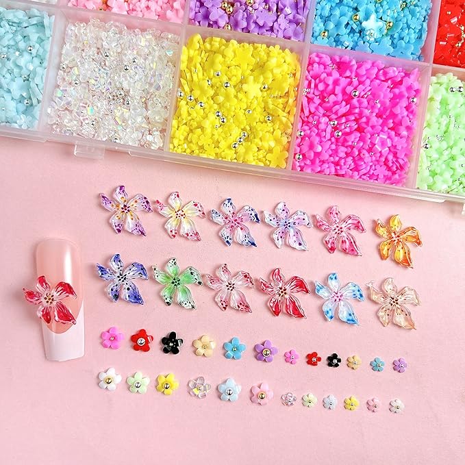 3D Flowers Nail Charms Kit, Colorful Hawaii Flower Nail Charms and Gems Cute Hibiscus Floral Charms for Nail, Spring Flowers for Nails Design with Caviar Beads for Nails Art Charms DIY Crafts