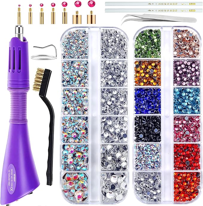 Blinginbox Hot Fix Applicator Tool, Hotfix Rhinestone Setter Bedazzler Kit with Rhinestones, Kit, Hot Fixed Wand for Clothes Clothing Fabric Crafts, 4000 Pcs, AB Crystal, Clear,7 Gems Sizes