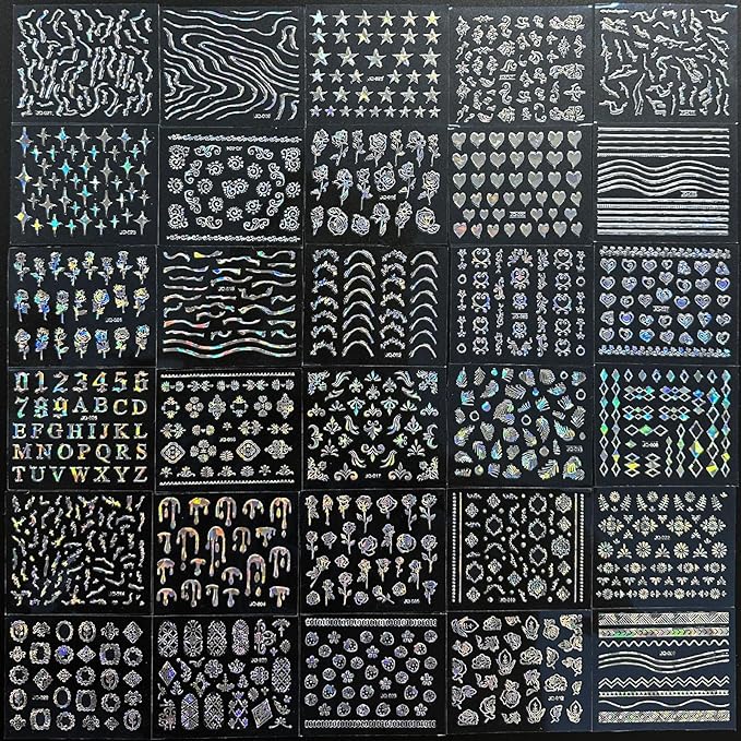 30 Sheets Aurora Nail Art Stickers 3D Self-Adhesive Flower Nail Stickers for Nail Art Aurora Star Nail Art Stickers Line Nail Decals Heart Design Nail Decals for Nail Art for Women
