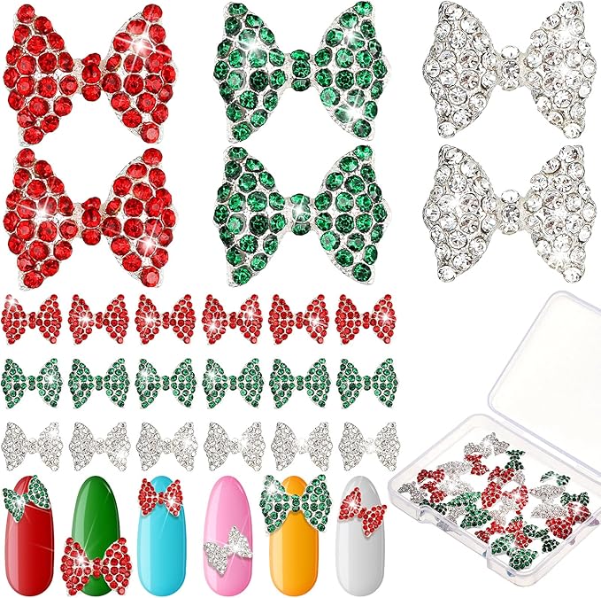 Maitys 24 Pieces Nail Bows Charms Rhinestones 3D Charms Alloy Pearl Bow Knot Accessory for Valentine's Day Women DIY Xmas Salon Jewelry Craft(Red, Green, Silver)