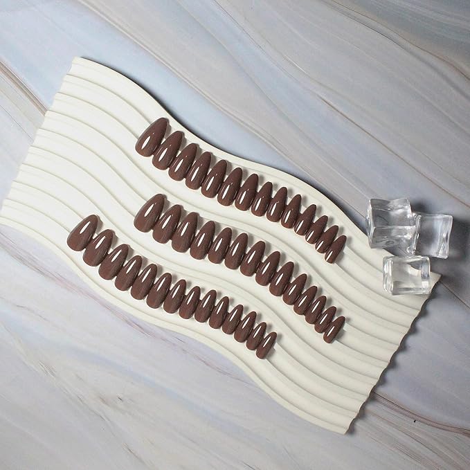 Brown Press on Nails Almond Shaped 48Pcs Neutral Thick Fake Nails for Women, Medium Almond Nails Press on Reusable Acrylic Nails Glue on Medium Length Stiletto False Nails Gel Artificial Nails
