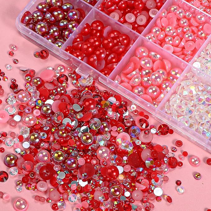 22000 Pcs Red Flatback Pearls and Rhinestones Bedazzling Kit, Resin Rhinestones Gems for Crafting, Mixed Size Half Pearls Gems for Nails Face Eyes Makeup Bottles Shoes DIY Crafts