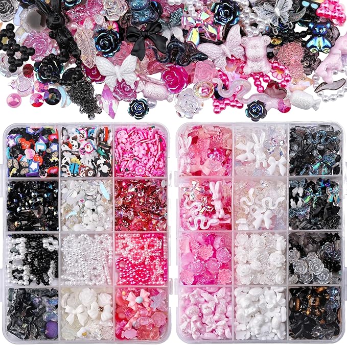 2050 Pieces 3D Butterfly Rose Flower Bow Rabbit Bear Nail Charms Kit with Nail Art Rhinestones Pearls Crystal Gems Nail Slices for Manicure DIY Crafts Jewelry Accessories (Pink Black White)