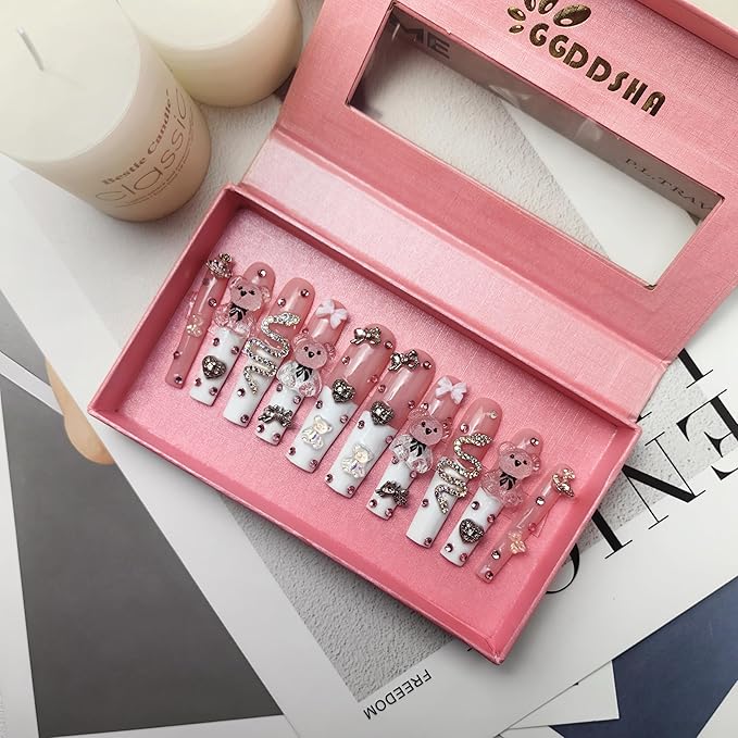 2025 Long Pmma Acrylic Handmade Nail Design Novelty with Rhinestone Bear Love Snake Design Glossy Nail, Reusable Nail Set with Box Gift for Women (White-pink, L)