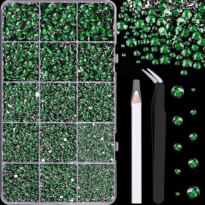 16000Pcs Resin Rhinestones with Tweezers for Crafting, Emerald Green 2-6mm Mixed Sizes Flatback Gems, Bedazzling Crystal for DIY Crafts Clothing Tumblers Mugs Shoes Fabric Nail Art