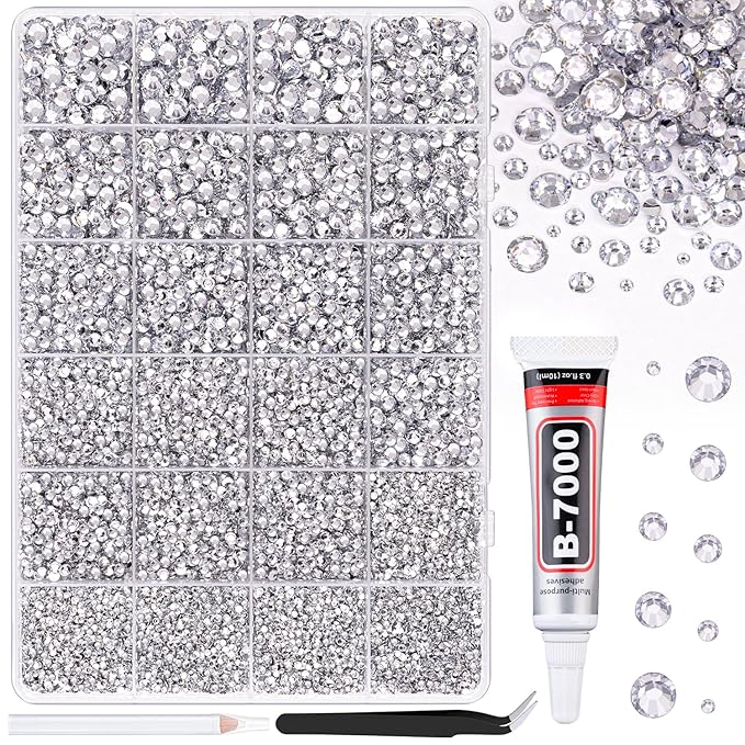 25000Pcs Resin Rhinestones for Crafting, Clear 2-6mm Mixed Sizes Non Hotfix Flatback Gems with 1Pcs Glue, Bedazzling Crystal for DIY Craft Clothing Mugs Tumblers Shoes Fabric Decor Nail Art