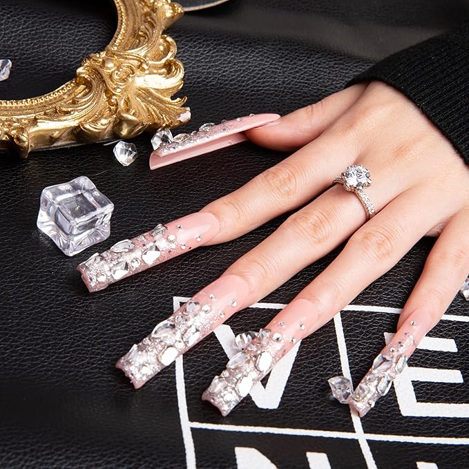 LOVFUL Stunning Bling Nails,Crystal Detailed Diamonds Press On Nails | Custom Shape | Glitter Rhinestone Nails | Gradient Pink Fake Nails| Square Long 2.2 in | H126 (L)