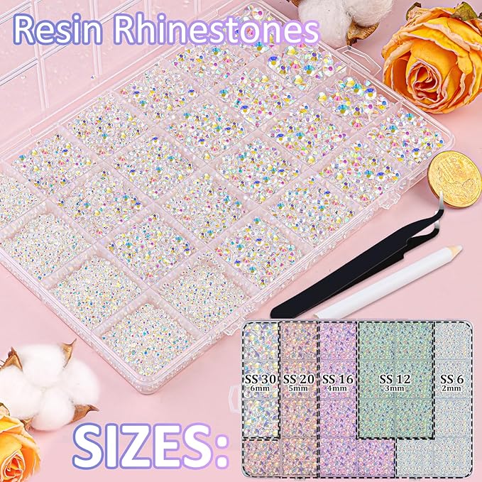 30000Pcs Resin Jelly Rhinestones with Tweezers for Bedazzling, Transparent AB Flatback Gems, Crystal with 3Pcs 10ml B7000 Jewelry Glue for Crafting Clothing Tumblers Shoes Fabric Nail Art Makeup
