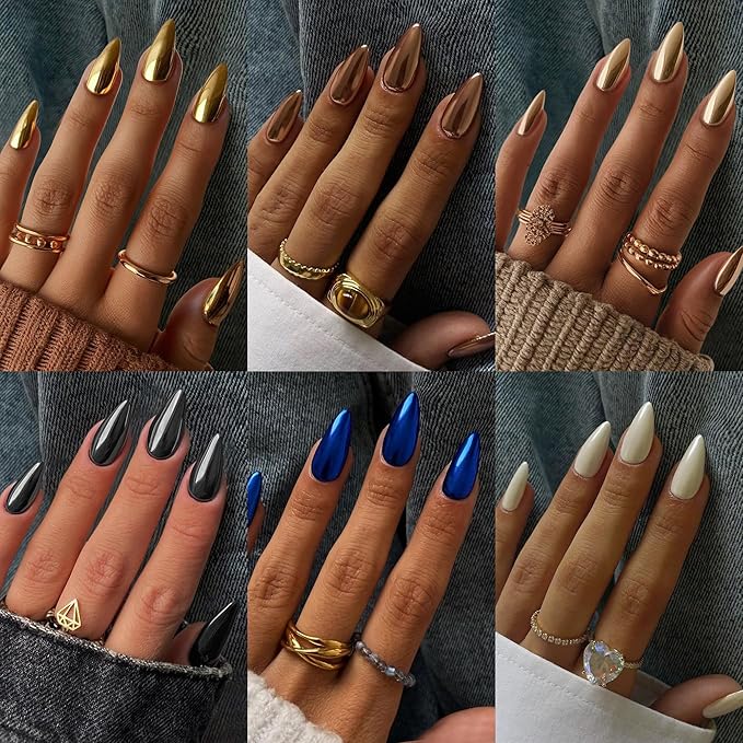 6 Pack Chrome Press On Nails Almond, KQueenest Acrylic Press On Nails Medium Stiletto, Glitter Metallic Fake Nails Press Ons Design, Cute Glazed Glue On Nails for Women Gift 144 Pcs
