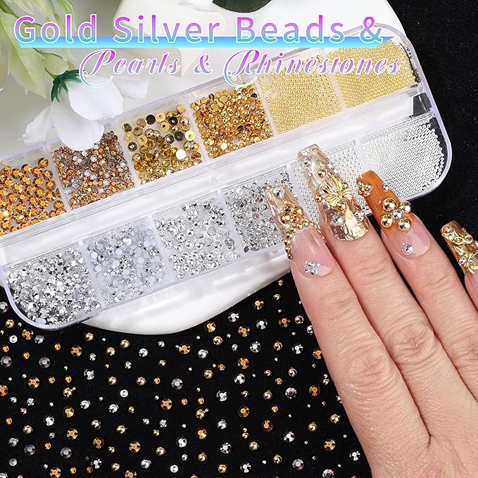 5 Boxes Gold & Silver Metal Nail 3D Punk Studs Star Cross Bow Gems and Small Caviar Beads Pearls Rhinestones Nail Art Jewels with Tweezers and Nail Brush and a Wax Pen Picker(9-Gold & Silver Studs)