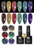 YTD Likomey Reflective Glitter Gel Nail Polish Set,Flash 6 Colors with Base and Top Coat Kit,Fall Winter Brown Gold Red Green Purple Diamond Sparkle Manicure UV Color Nail Varnish,8 Pcs 7.5 ml