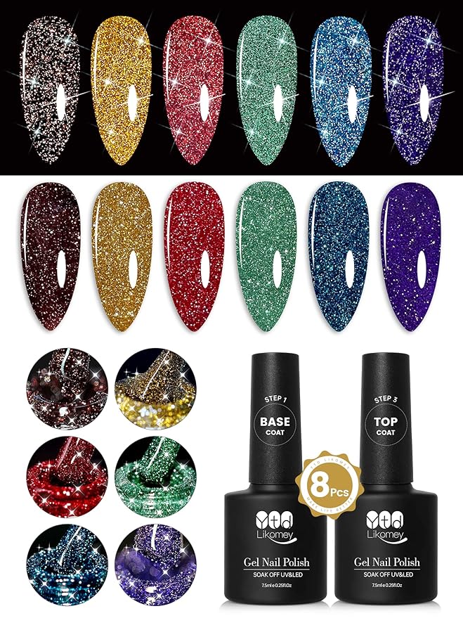 YTD Likomey Reflective Glitter Gel Nail Polish Set,Flash 6 Colors with Base and Top Coat Kit,Fall Winter Brown Gold Red Green Purple Diamond Sparkle Manicure UV Color Nail Varnish,8 Pcs 7.5 ml