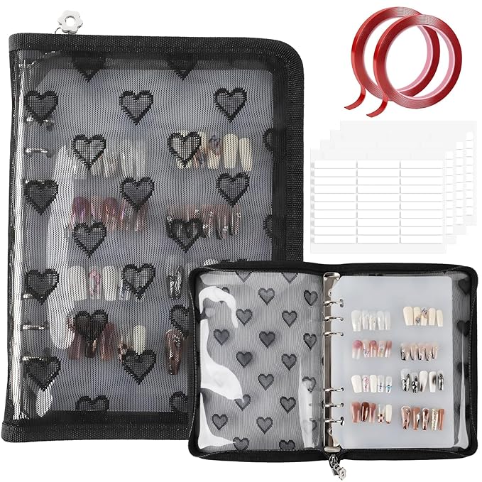 Press On Nail Storage Organizer Binder with 8 Insert Pages - A5 Size & Double Sized Tapes, Press on Nails Display Storage Book, Reusable Fake Nail Swatch Collecting Book (Black)