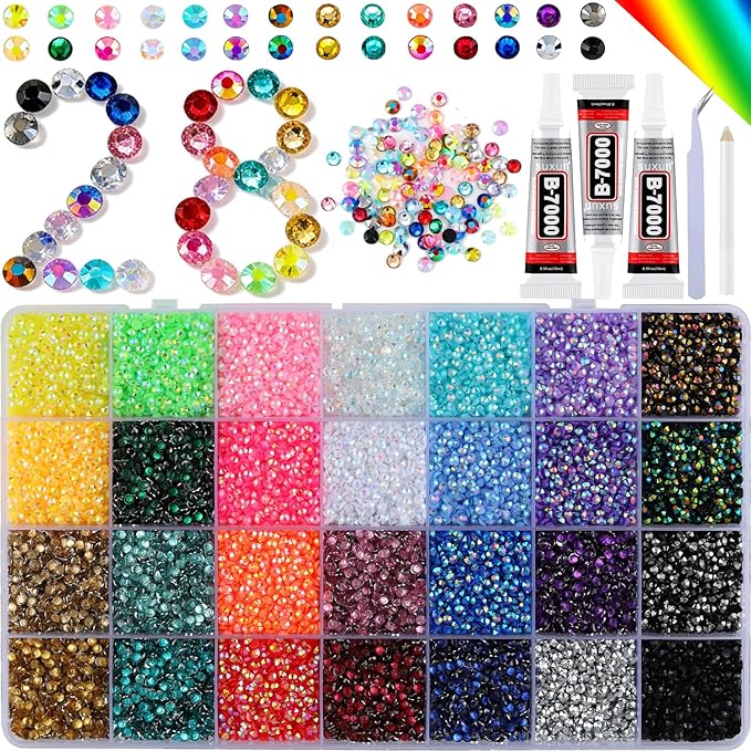 USLVL 28 Colors Resin Jelly Gems Bedazzling Kit, 3mm Flatback Rhinestone Gems for Nail Art Crafts, with 3 Bottles B7000 Glue for Clothes, Shoes, Bedazzled DIY JewelryMaking 1
