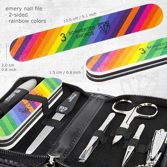 3 Swords Germany - Brand Quality 7-Piece Manicure kit with Rainbow Nail Buffer and Many More Tools in Black Artificial Leather case