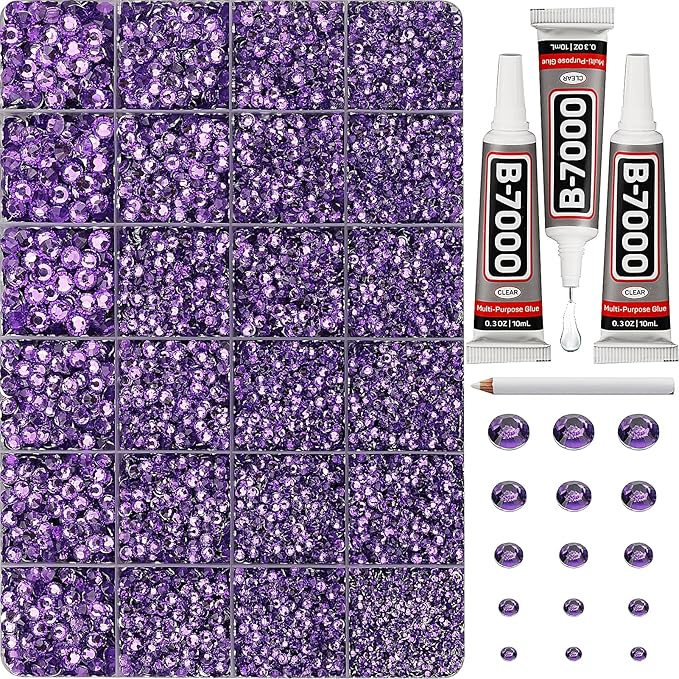 33000Pcs Dark Lavender Rhinestones for Bedazzling, Bedazzler Kit with Flatback Craft Rhinestones Bulk and B7000 Glue, 2,3,4,5,6mm Resin Flat Back Crystals for Craftings, Crafts, Clothes, Shoes, Nails