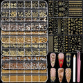 Teentior Nail Charms Gold Rhinestones for Nails with 15 Sheets Gold Nail Stickers, 6 Boxes Nail Gems Pearls for Nails, Cross Nail Charms for Nails Design Nail Art Rhinestones, Caviar Beads for Nails