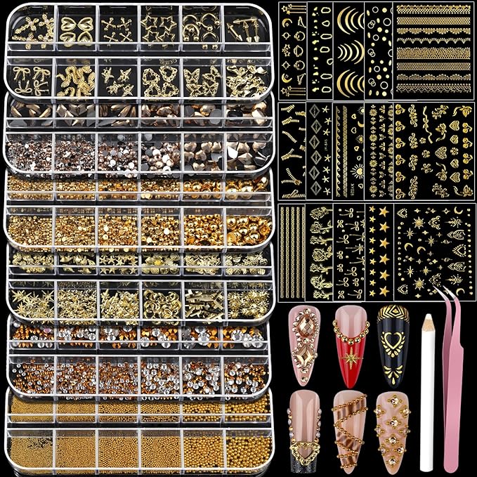 Teentior Nail Charms Gold Rhinestones for Nails with 15 Sheets Gold Nail Stickers, 6 Boxes Nail Gems Pearls for Nails, Cross Nail Charms for Nails Design Nail Art Rhinestones, Caviar Beads for Nails