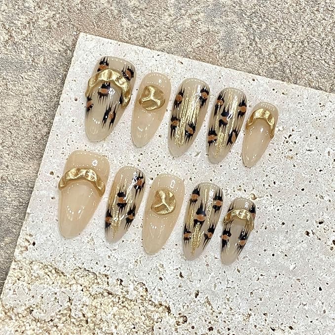 Handmade Press on Nails,Reusable False nails,Acrylic Fake Nails Kit,Luxury glitter brown leopard Design Nail Art Kit,Include Toolkit,10pcs,Size L，#864