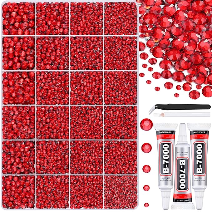 30000Pcs Resin Red Rhinestones for Bedazzling Crafting with b7000 Jewelry Glue, Bulk Flatback Gems Bedazzler Kit for Crafts Clothes Shoes Fabric Nail Diamond Art, Assorted Size 2/3/4/5/6mm