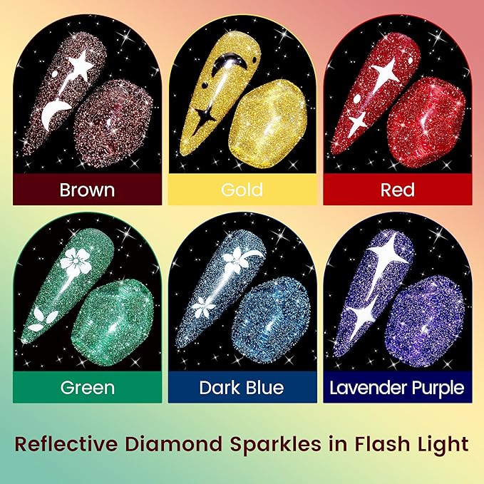 YTD Likomey Reflective Glitter Gel Nail Polish Set,Flash 6 Colors with Base and Top Coat Kit,Fall Winter Brown Gold Red Green Purple Diamond Sparkle Manicure UV Color Nail Varnish,8 Pcs 7.5 ml