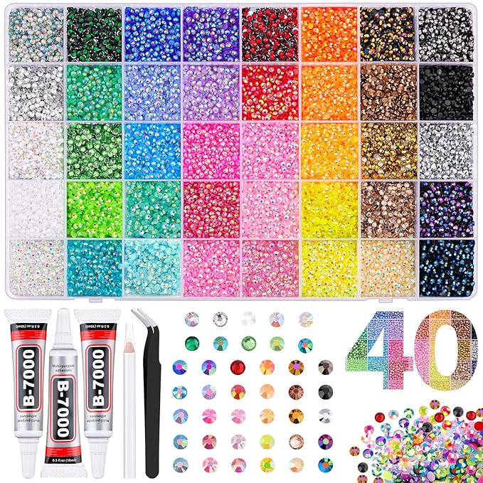 40000Pcs 40 Colors Jelly Rhinestones for Bedazzling, 3mm Multicolor Resin Flatback Gems for Diamond Art, Bedazzler Kit with 3Pcs 10ml B7000 Jewelry Glue for Crafting Book Shoes Nail Art
