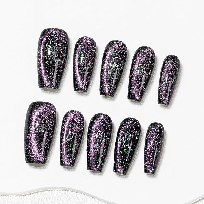 Sun&Beam Nails Handmade Press-on Medium Long Coffin Ballerina Black Purple Green Magnet Solid Color Minimalist Design Fashion False Nail Tips 10 Pcs Set (#255 M)