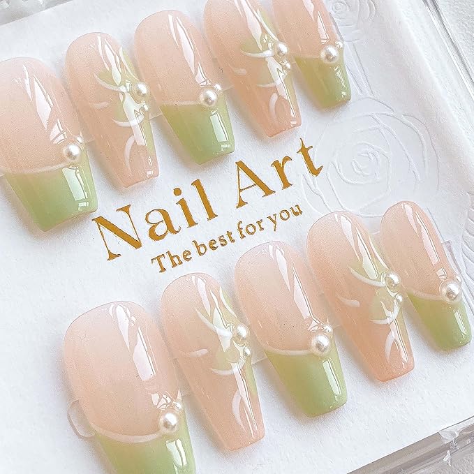 Long Ballerina Press On Nails, Pearl-Decorated Pink and Green French Tips, Handmade False Nail 10 Pieces (XS,LB)