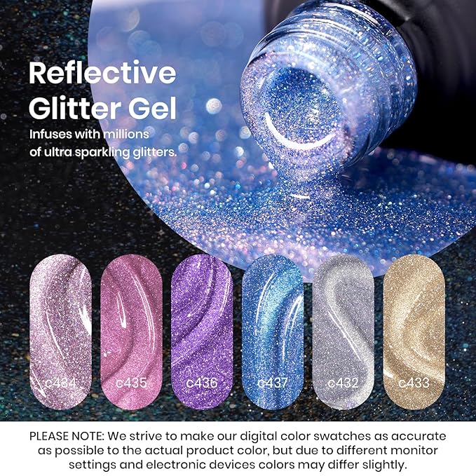 Beetles Reflective Glitter Gel Nail Polish Kit Gel Polish 6 Colors Holographic Sparkle Flash Dimond Sliver Gold Soak Off UV LED Manicure Gift for Women Girls Midnight Sparkling