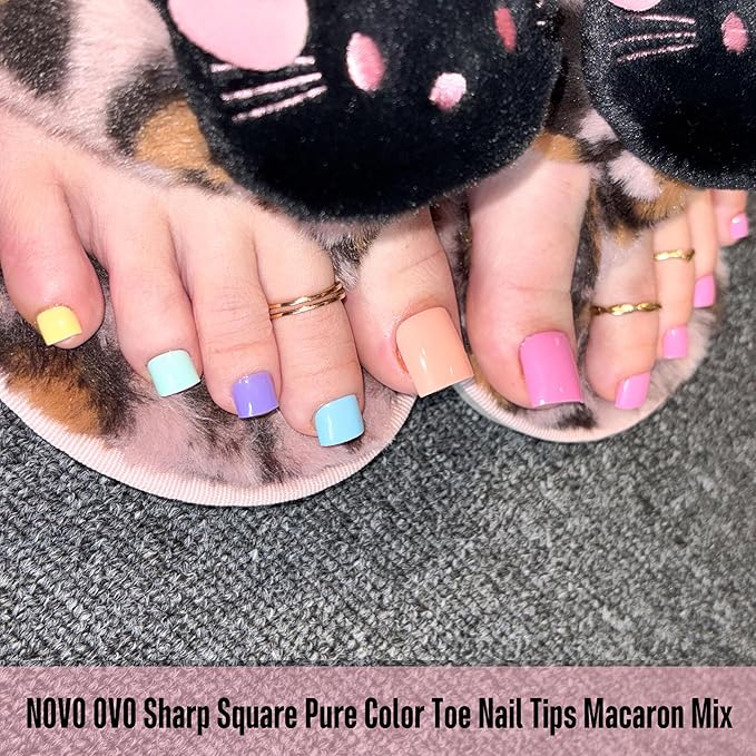 NOVO OVO PASTEL Toe Nail Tips Press on Macaron Color Colorful 6 Mix Dopamine Shade, Sharp Square Soft Gel Thick False Toenail Extension, Medium Wide Fake Toenails,Full Cover Acrylic x 15 Sizes 180 pcs