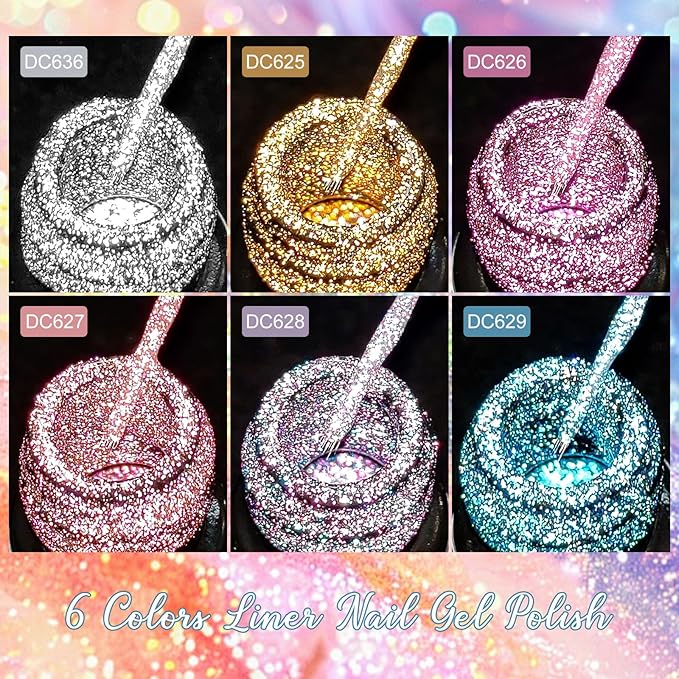 MTSSII Reflective Glitter Liner Nail Gel, Paint Gel With Thin Art Brush In Bottle, Sparkly Liner Nail Art Polish, Painting Polish for Swirl Nails Cyber Punk French Acrylic Nail