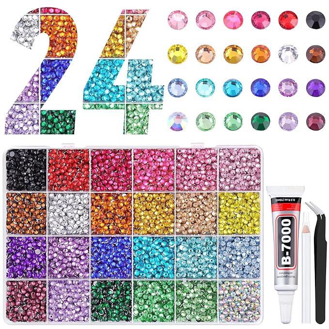 12600Pcs Resin Rhinestones for Bedazzling with Tweezers, Multicolor 4mm Rhinestones for Crafting with B7000 Jewelry Glue for DIY Crafts Clothing Tumblers Shoes Fabric Nail Art