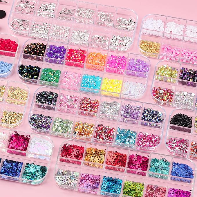 12 Boxes Nail Art Kit with Nail Charms, Gems, Rhinestones & Studs - Flatback Rhinestones, 3D Gold/Silver Charms, White Half Pearls, Pink Flower Charms, Star/Butterfly Sequins + 4 Tools for DIY Crafts