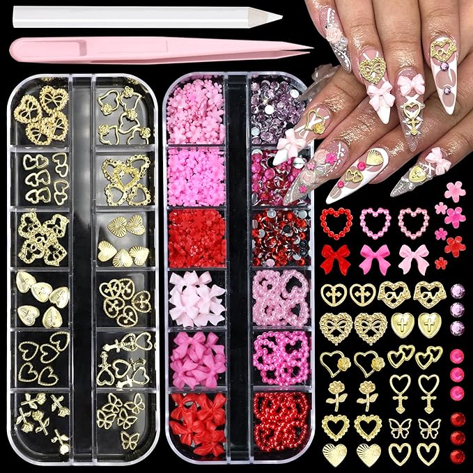 BELICEY Valentines Red Pink Hearts Nail Charms Gold Metal Heart Nails Art Charm Resin Bow Flower Flatback Nail Rhinestone and Gems Nails Jewels DIY Manicure Jewelry for Women Accessories Supplies