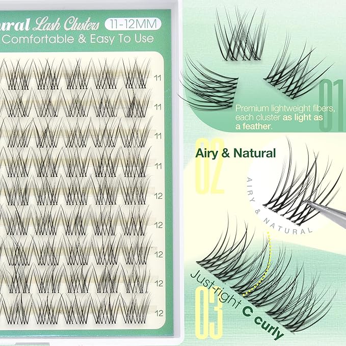 Lash Clusters 11-12MM Natural Eyelash Clusters Clear Band Individual Lashes Short Wispy Cluster Lashes C Curly Cluster Eyelash Extensions 90PCS DIY Lash Extension by Lvmixwig