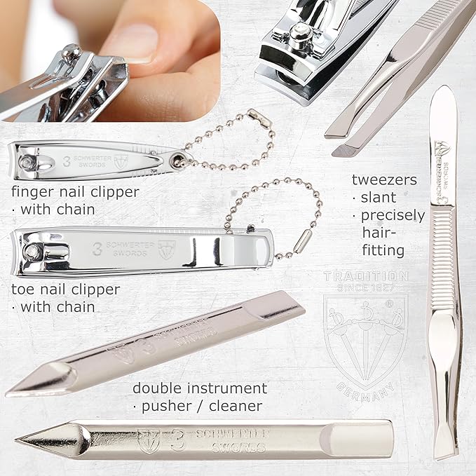 3 Swords Germany - brand quality 8 piece manicure pedicure grooming kit set for professional finger & toe nail care genuine leather case in gift box, Made in Germany