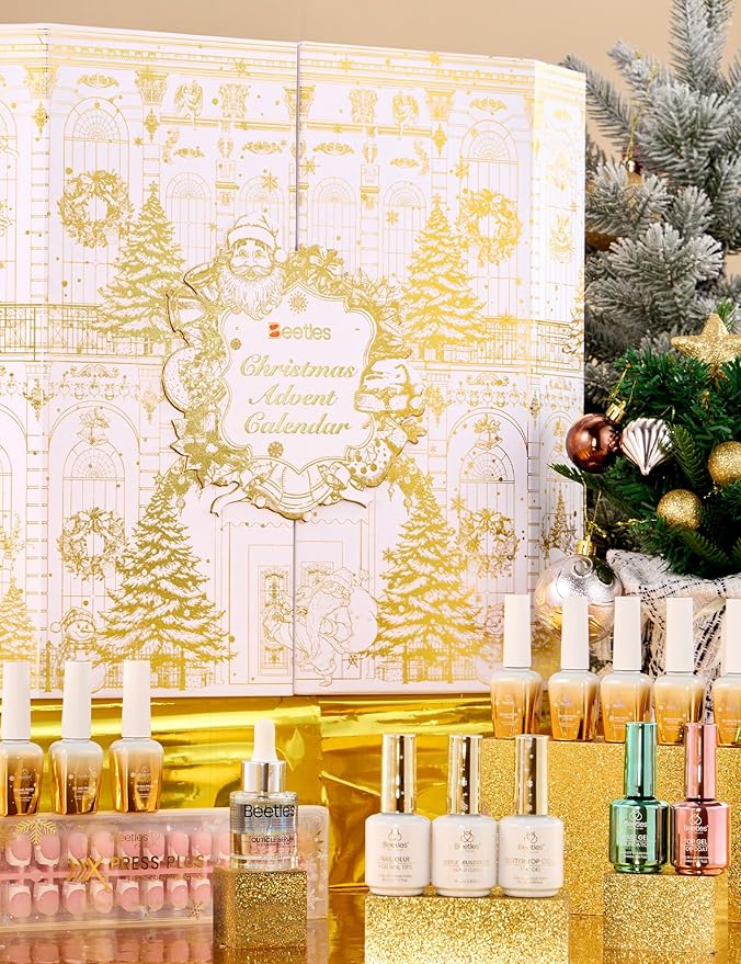 beetles Gel Polish Gilded Boutique Advent Calendar – 24 Luxury Days of Gel Nail Polish Colors, Premium Gifts Box with Cat Eye Gel, Nail Care Tools & Mini UV Lamp for Women Holiday Gifting