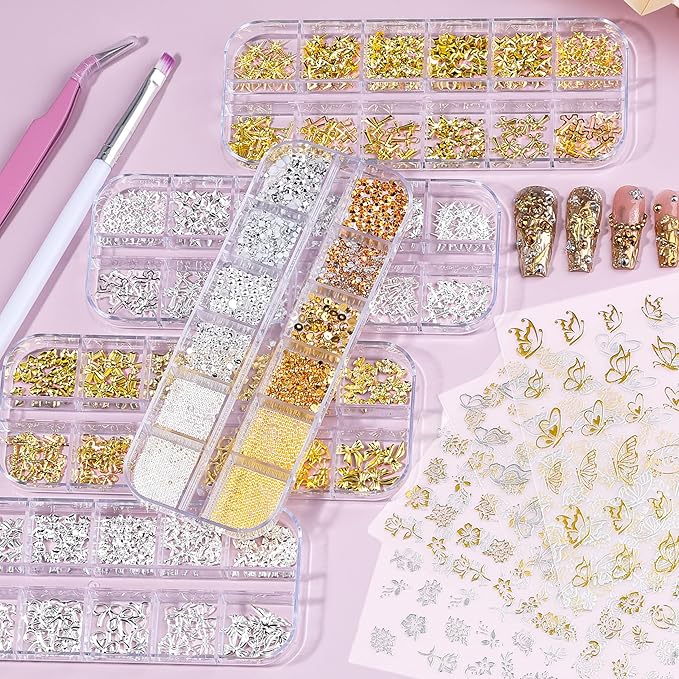 5 Boxes Gold & Silver Metal Nail 3D Punk Studs Star Cross Bow Gems and Small Caviar Beads Pearls Rhinestones Nail Art Jewels with Tweezers and Nail Brush and a Wax Pen Picker(9-Gold & Silver Studs)