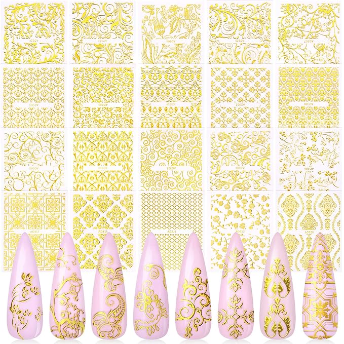 KISSBUTY Metallic Flowers & Vine Nail Decals - 20 Sheets 3D Flower Lace Adhesive Stickers - Gold Floral Nail Decor