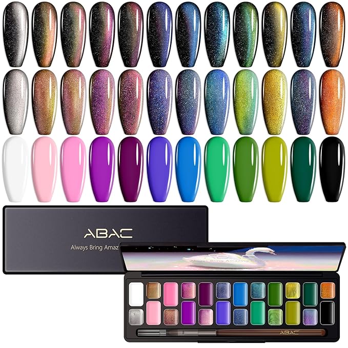 ABAC Solid Gel Cat Eye Polish Set,24 Colors Magnetic Nail Gel Winter Shades with Glitter,No-Drip Cat Eye Gel Polish Kit for Stunning Magnetic Effect