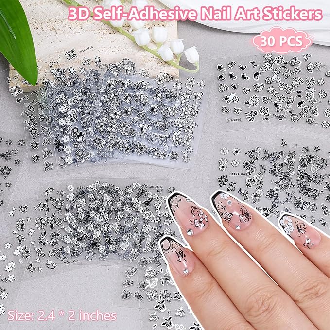 20 Nail Art Brushes Kit with Striping Tapes, Gold Flakes, Pearls, Rhinestones, Glitter & Star Stickers for Gel Nails DIY Manicure Set (Black)