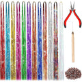FEBSNOW 47 Inches Tinsel Hair Extension with Tool 2400 Strands 12 Mixed Colors Hair Extension Tinsel Kit Glitter Rainbow Hair Extensions for Christmas New Year Wedding Birthday Party Accessories