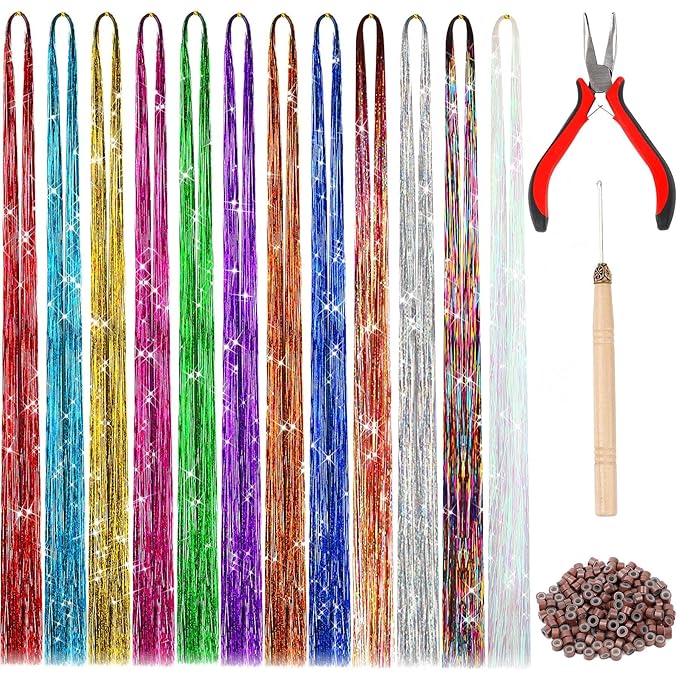 FEBSNOW 47 Inches Tinsel Hair Extension with Tool 2400 Strands 12 Mixed Colors Hair Extension Tinsel Kit Glitter Rainbow Hair Extensions for Christmas New Year Wedding Birthday Party Accessories