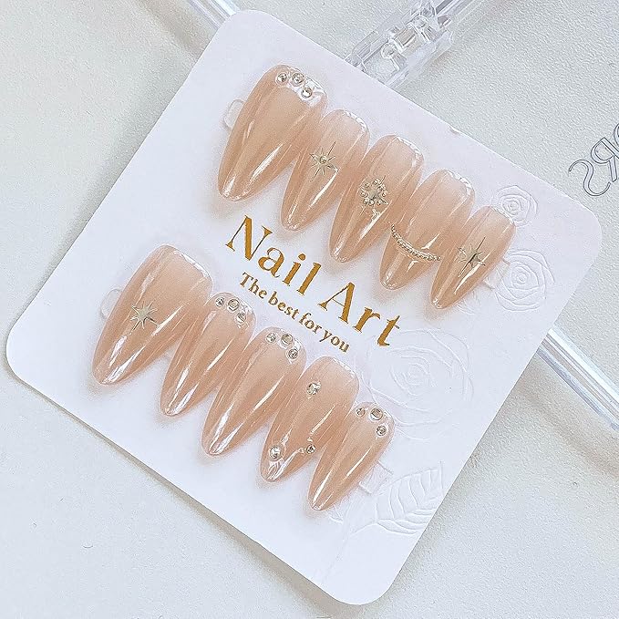 Almond Press-On Nails, Nude with Crystal Rhinestones and Star Design, Handmade False Nail 10 Pieces (Medium, Almond)
