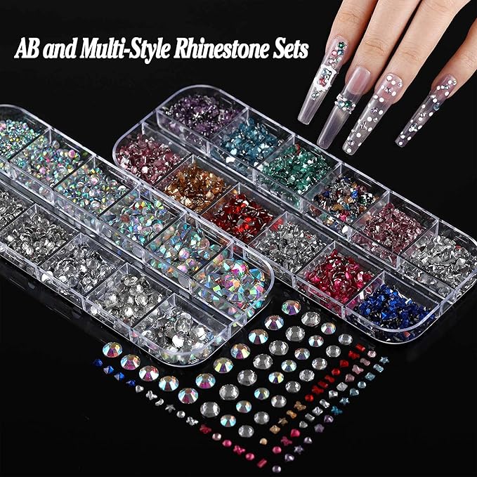 BANA Nail Charms for Rhinestones Kit with 13 Boxes of Nail Gems, 18000Pcs 3D Gold and Silver Nail Charms with Cross, Crown, Pearls for DIY Nail Designs