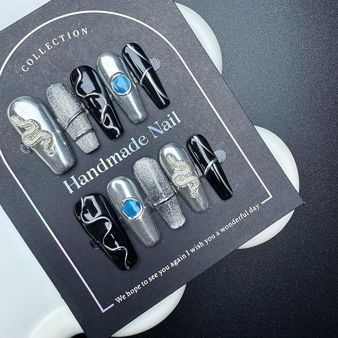 100% 5D Handmade Press on Nails with Snake Charms Medium Coffin Nails Press ons Balck Silver False Nails Cruve Line Press on Nails Fall Fake Nails for Women Girls Daily Wear DIY Manicure Size M
