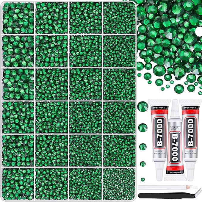 30000Pcs Emerald Green Rhinestones for Bedazzling with B7000 Jewelry Glue, Bedazzler Kit Bulk Flatback Gems, Resin Rhinestones for Crafting Crafts Clothing Shoes Nail Art Assorted Size 2/3/4/5/6mm