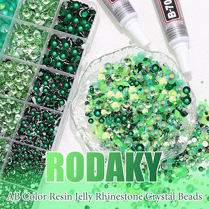 RODAKY 30000Pcs Green Rhinestone Flatback Gems for Bedazzling 2/3/4/5/6mm Resin Jelly Rhinestones 2PCS 10ml B7000 Jewelry Glue Making Kit Crystal Beads for DIY Craft Clothing Shoes